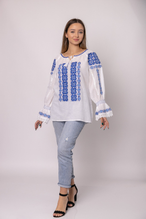 Ie traditionala alba cu motiv geometric albastru Costina 03 [3]