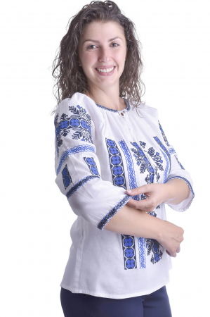Ie traditionala alba cu motiv geometric albastru Marinela 01 [1]