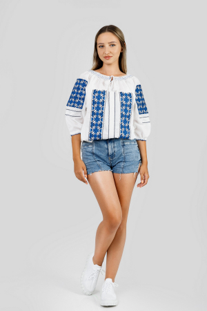 Ie traditionala alba cu motiv geometric albastru Silvia 04 [3]