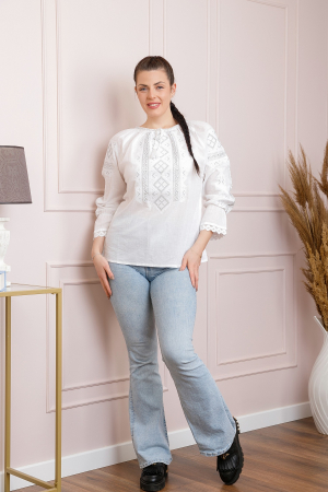 Ie traditionala alba cu motiv geometric argintiu Constanta 03 - maneca lunga [3]