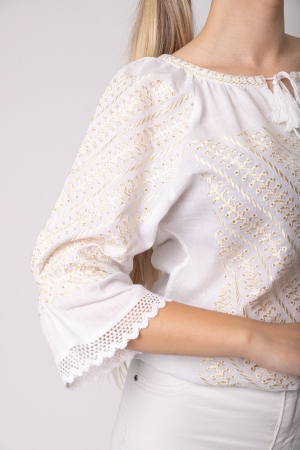 Ie traditionala alba cu motiv geometric auriu Adnana 02 [1]