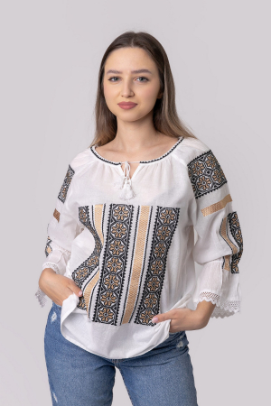 Ie cu maneca lunga - Ie traditionala alba cu motiv geometric auriu Draga 01