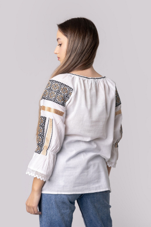 Ie traditionala alba cu motiv geometric auriu Draga 01 [2]