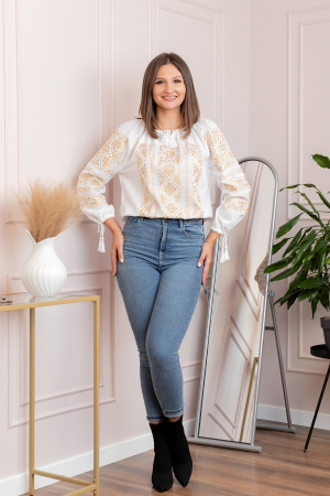 Ie traditionala alba cu motiv geometric auriu Roxana [3]