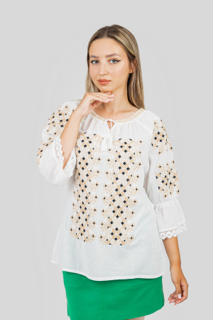 Ie cu maneca scurta - Ie traditionala alba cu motiv geometric crem Aniela 01