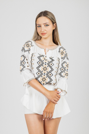 Ie cu maneca scurta - Ie traditionala alba cu motiv geometric crem Erica 03