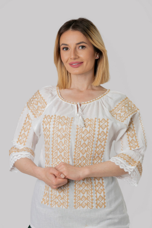 Ie cu maneca scurta - Ie traditionala alba cu motiv geometric crem Samira 01