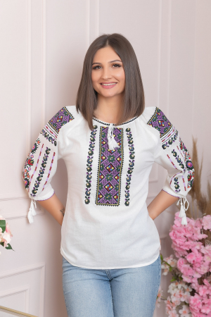 Ie traditionala alba cu motiv geometric mov Edith [2]