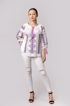 Ie traditionala alba cu motiv geometric mov Viorela 01 [3]