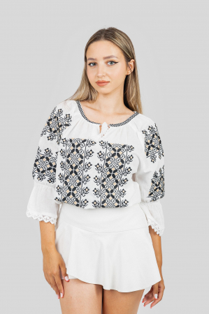 Ie cu maneca scurta - Ie traditionala alba cu motiv geometric negru Aniela 02