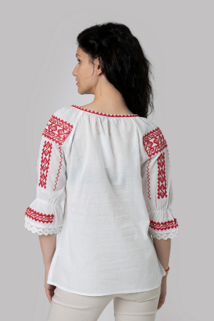 Ie traditionala alba cu motiv geometric rosu Samira 02 [2]