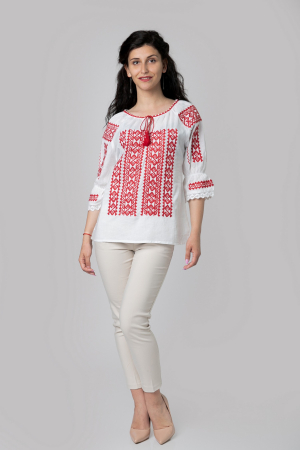 Ie traditionala alba cu motiv geometric rosu Samira 02 [3]