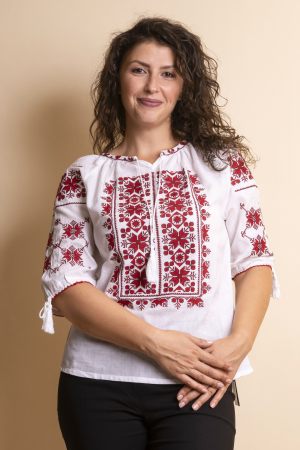 Ie traditionala alba cu motiv geometric rosu Anica 01 [0]