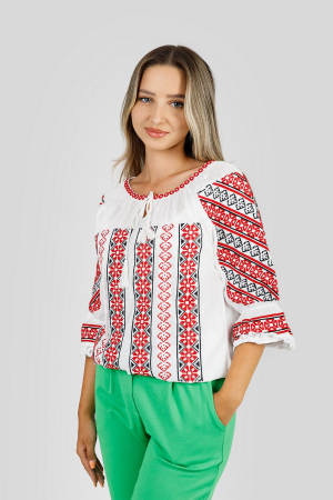 Ie cu maneca scurta - Ie traditionala alba cu motiv geometric rosu Aurora 02