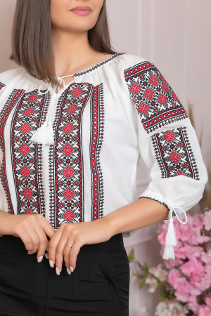 Ie traditionala alba cu motiv geometric rosu Carmina [1]