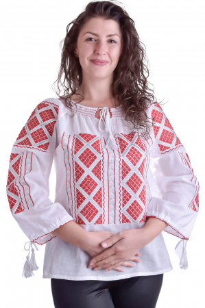 Ie cu maneca lunga - Ie traditionala alba cu motiv geometric rosu Ema 02
