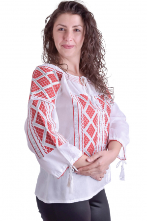 Ie traditionala alba cu motiv geometric rosu Ema 02 [1]