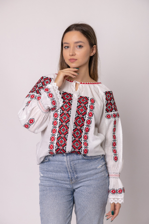 Ie traditionala alba cu motiv geometric rosu Costina 01 - maneca lunga [0]