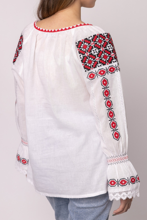 Ie traditionala alba cu motiv geometric rosu Costina 01 - maneca lunga [2]