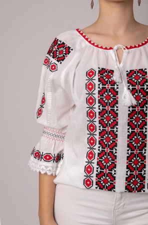 Ie traditionala alba cu motiv geometric rosu Costina 02 - maneca scurta [1]