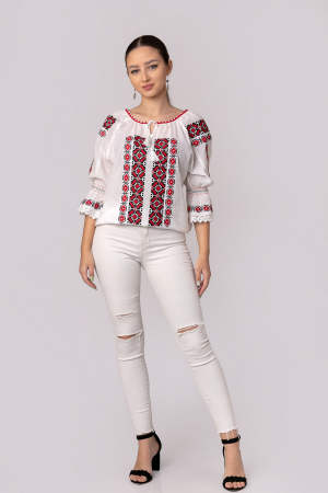 Ie traditionala alba cu motiv geometric rosu Costina 02 - maneca scurta [3]