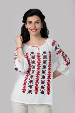 Ie cu maneca scurta - Ie traditionala alba cu motiv geometric rosu Denisa