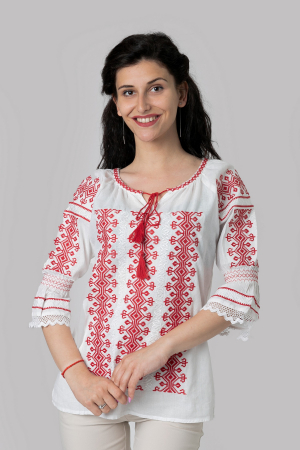 Ie cu maneca scurta - Ie traditionala alba cu motiv geometric rosu Doris
