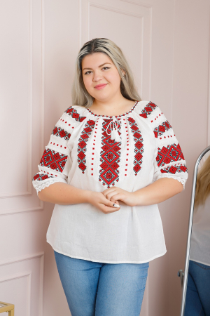 Ie traditionala alba cu motiv geometric rosu Ernestina 03 [4]