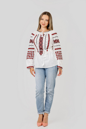 Ie traditionala alba cu motiv geometric rosu Flavia 01 [3]