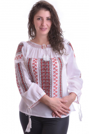 Ie traditionala alba cu motiv geometric rosu Ileana 01 [0]