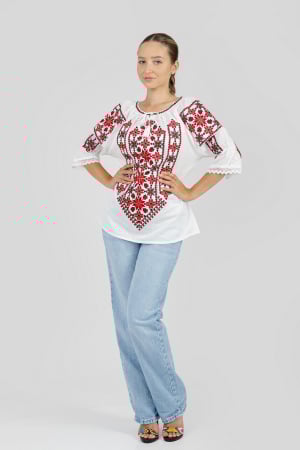 Ie traditionala alba cu motiv geometric rosu Letitia 01 [3]