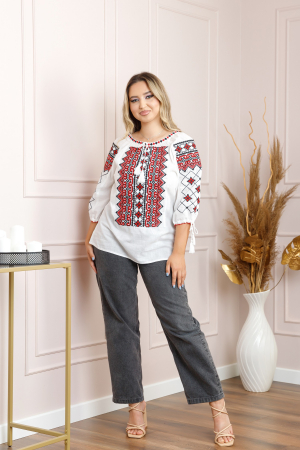 Ie traditionala alba cu motiv geometric rosu Luiza 02 - maneca scurta [3]