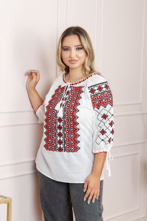 Ie traditionala alba cu motiv geometric rosu Luiza 02 - maneca scurta [2]