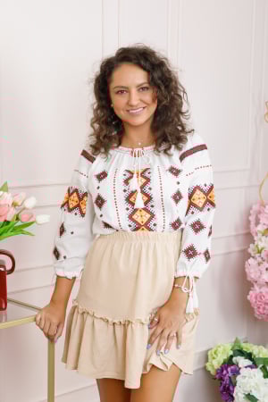 Ie cu maneca scurta - Ie traditionala alba cu motiv geometric rosu Mirona