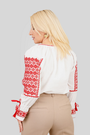 Ie traditionala alba cu motiv geometric rosu Ofelia 02 [2]