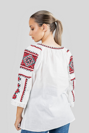 Ie traditionala alba cu motiv geometric rosu Paraschiva 05 - maneca scurta [2]