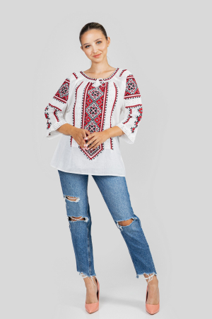 Ie traditionala alba cu motiv geometric rosu Paraschiva 05 - maneca scurta [3]