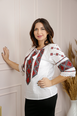 Ie cu maneca scurta - Ie traditionala alba cu motiv geometric rosu Ramona 03