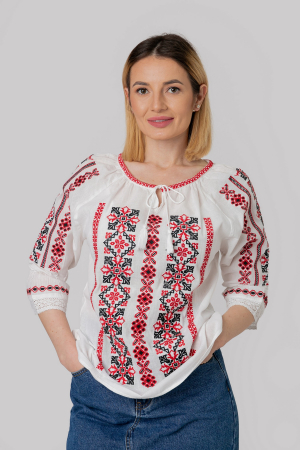Ie cu maneca scurta - Ie traditionala alba cu motiv geometric rosu Sara 01