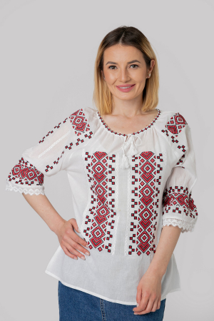 Ie traditionala alba cu motiv geometric rosu Xenia [0]