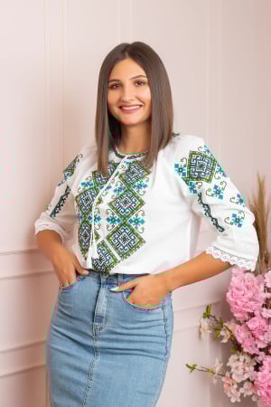 Ie cu maneca scurta - Ie traditionala alba cu motiv geometric turcoaz Alisa