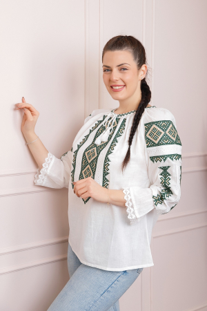 Ie cu maneca lunga - Ie traditionala alba cu motiv geometric verde Constanta 04 - maneca lunga