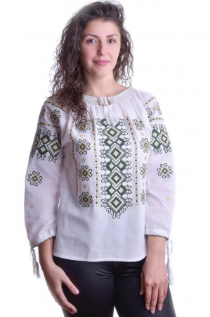 Ie cu maneca lunga - Ie traditionala alba cu motiv geometric verde Doina 02