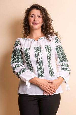 Ie traditionala alba cu motiv geometric verde Mariana [0]