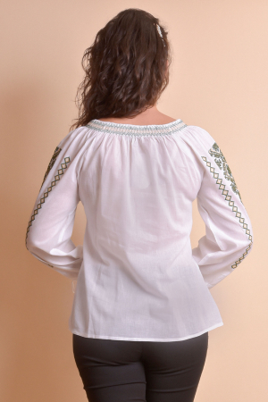 Ie traditionala alba cu motiv geometric verde Nadia 02 [3]