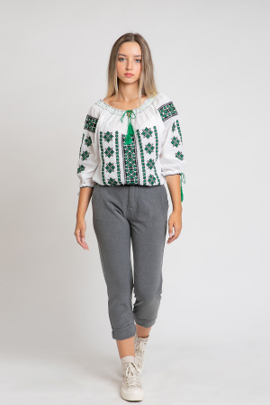 Ie traditionala alba cu motiv geometric verde Mirela [2]