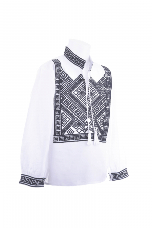 Camasa traditionala de baieti alba cu motiv geometric negru Rares 01 [1]