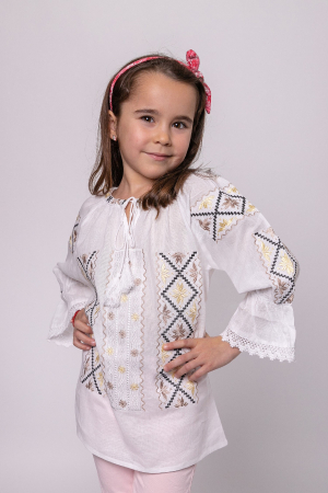 Imbracaminte copii - Ie traditionala alba pentru fetite cu motiv floral auriu Dana