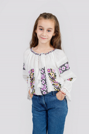 Imbracaminte copii - Ie traditionala alba pentru fetite cu motiv floral mov Marina
