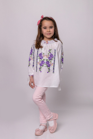 Ie traditionala alba pentru fetite cu motiv floral mov Violeta [4]